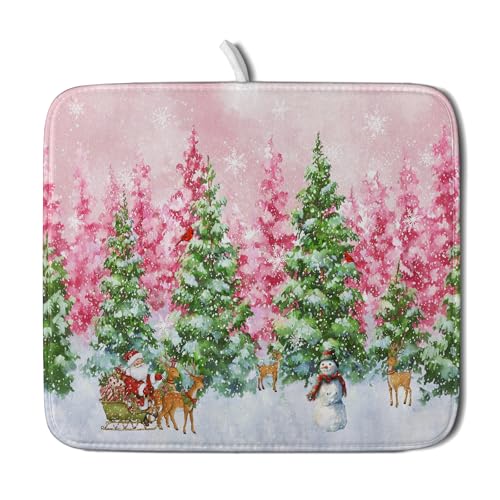 Pink Christmas Dish Drying Mat for Kitchen Counter Absorbent Dish Dry Pad (Winter Forest Colorful / 18" x 16")