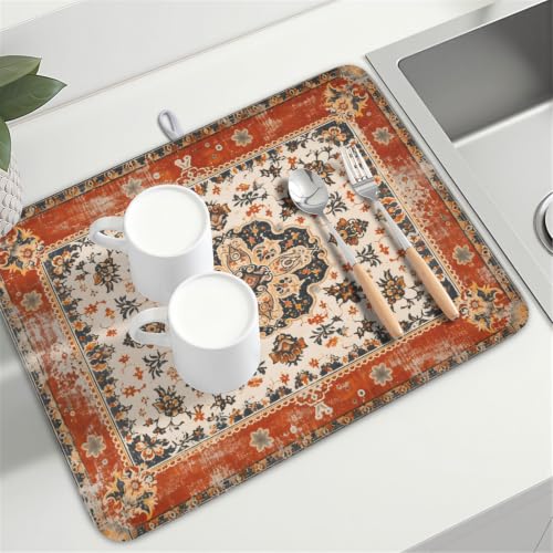 Ethnic Boho Dish Drying Mat Rust Coral Floral Decorative Dishes Pad 18x24 Inch Absorbent Fast Dry Drainer Rack Mats for Kitchen Countertop (Ethnic Boho Orange / 18x24 inch)