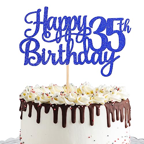 1 PCS Happy 35th Birthday Cake Topper Glitter Cheers to 35 Years Birthday Cake Pick Thirty Five 35 Fabulous Cake Decoration for Happy 35th Birthday Theme Party Decorations Supplies Blue (Blue / 35th)
