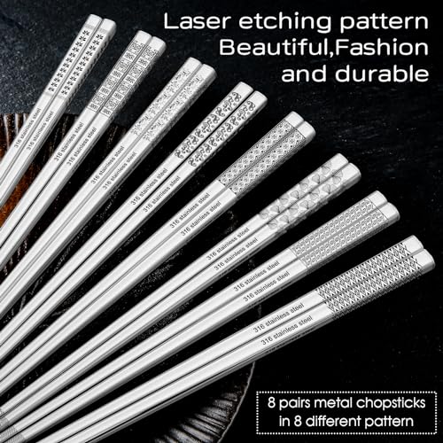 8 Pairs Metal Chopsticks Reusable 18 (Silver 316 stainless steel)