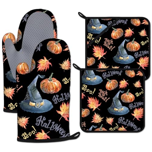 Halloween Pumpkin Autumn Maple Leave Oven Mitts and Pot Holders Sets Heat Resistant 4Pcs Potholders Oven Gloves Hot Pads for Kitchen Baking Cooking Grilling BBQ (Halloween Pumpkin Autumn Maple Leave)