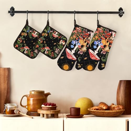Mushroom Oven Mitts and Pot Holders Set (Mushroom / Oven Mitt x2 & Pot Holder x2)