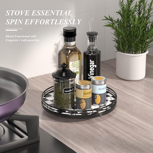 10 Inch Black and White Checkerboard Lazy Susan with Oak Base (Black & White / 10 inches)