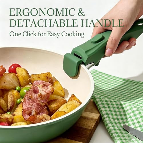 Ceramic Cookware Set Non Stick 8Pcs Pots and Pans Set Detachable Handle Induction Kitchen Cooking Set with Frying Pans Oven Dishwasher Safe (Forest)