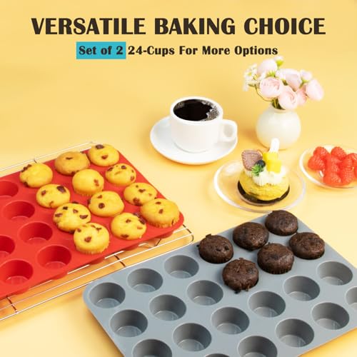 24 Cups Silicone Mini Muffin Pan Set (Set of 2--24 Cups (Gray+Gray))