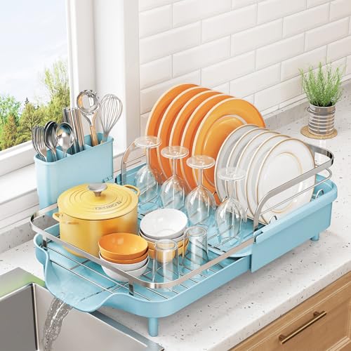 Expandable Dish Drying Rack for Kitchen Counter (Blue)