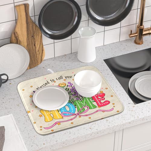 Lovely Home Dish Drying Mat for Kitchen Counter Sweet Family Decoration Absorbent Microfiber Coffee Mat 16 x 18 In (Cute Home 18 / 18" x 16")