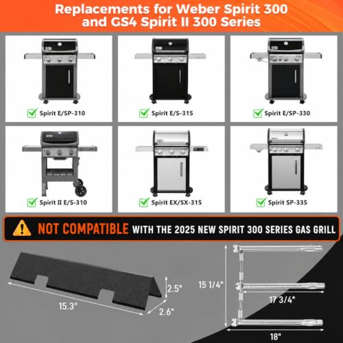 Spirit Grill Replacement Parts 69787 Burner 7636 Flavorizer Bars for Weber Spirit & GS4 Spirit II 300 Series Grills (L2 15.31"×2.6"×2.5")
