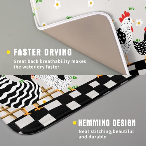 Black Rooster Dish Drying Mat for Countertop 16x18 Inches Buffalo Plaid Microfiber Drainer Rack Pads Fast Dry Dishes Mats Kitchen Accessories (Black Rooster / 16" x 18")