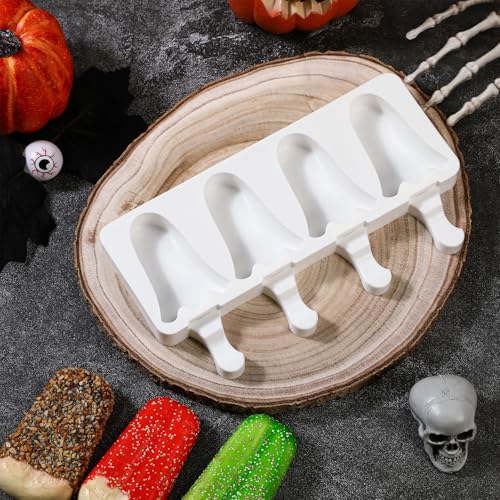 Halloween Ghost Shaped Mold Large 4 Cavity Reusable Silicone Cakesicle Cake Pop Ice Cream Mold for Halloween Adults Homemade Ice Cream Chocolate Candy DIY Trick Dessert Decorating (Ghost)