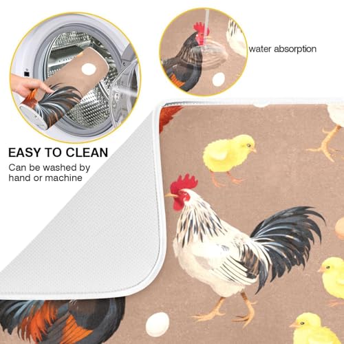 Colorful Hens Roosters Dish Drying Mat for Kitchen Counter Absorbent Microfiber Drying Pad (18" x 24")