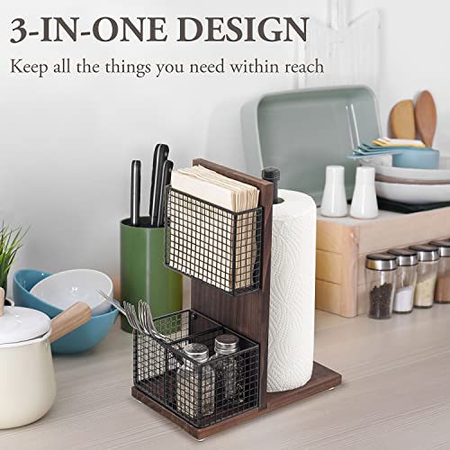 3-in-1 Kitchen Organizer with Paper Towel Holder, Napkin Holder & Spice Rack - Rustic Wood & Industrial Metal Pipe Caddy for Farmhouse Dining Table (Dark Brown Set)
