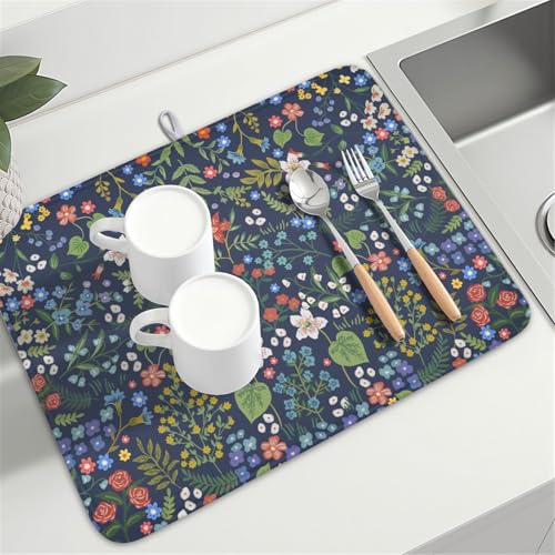 Flower Floral Dish Drying Mat 18x24 inch Microfiber Navy Blue Drying Mats with Hanging Loop Absorbent Green Leaves Dish Drainer Mat Reversible Flowers Drying Pad for Kitchen Counter Sink (Colored Flower / 24" x 18")