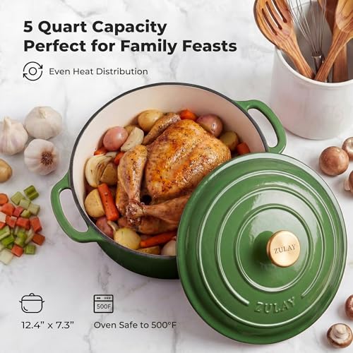 5 Quart Enameled Cast Iron Dutch Oven Pot with Lid (Green / 5 Quart)