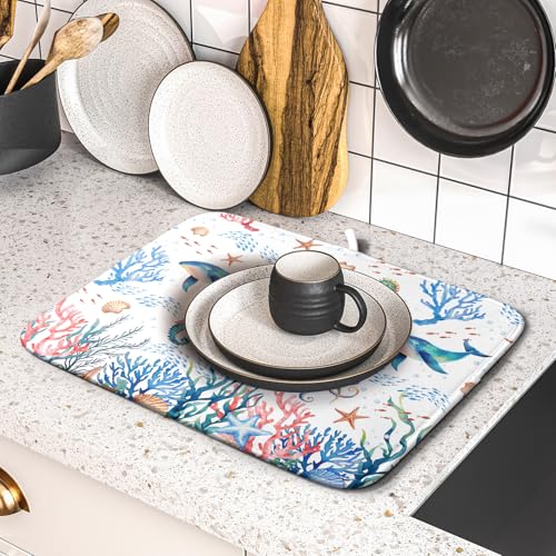 Coastal Ocean Dish Drying Mat Seahorse Whales Drainer Rack Mats 16"x18" Absorbent Microfiber Dish Drying Pad Protector for Kitchen Counter (Coral Ocean / 16" x 18")