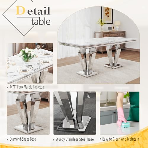 7 Piece Luxury Dining Room Set (Silver White + White / Dining Table + 6 High Back Chairs)