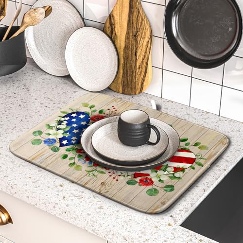 Independence Day Dish Drying Mat 16x18 inch Patriotic Love Heart Fast Dry Microfiber Dishes Drainer Rack Pad Kitchen Counter Accessories (Patriotic Floral Heart / 16" x 16")