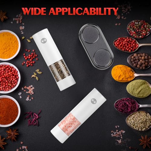 Electric Salt and Pepper Grinder Set Automatic Battery Pepper Mill Shakers Kitchen Gadgets Adjustable Coarseness Upgraded Larger Capacity with Led Birthday Gifts for Women (White/White)