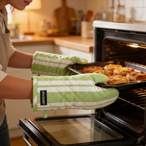Oven Mitts Heat Resistant Kitchen Gloves (Oven Gloves / Franca Lime Stripes)