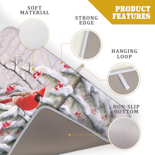 Red Birds Dish Drying Mat Winter Berry Dish Drainer Mats Absorbent Reversible Microfiber Kitchen Countertop Protector Dishes Pad 18x24 inch (Winter Red Bird / 18" x 24")