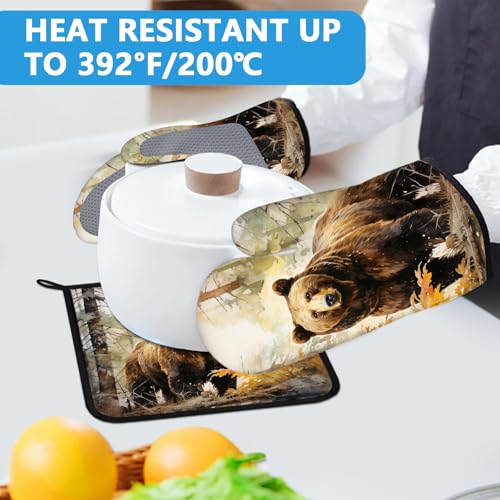Watercolor Brown Bear Oven Mitts and Pot Holders Sets Heat Resistant 4Pcs Autumn Forest Animal Potholders Oven Gloves Hot Pads for Kitchen Baking Cooking Grilling BBQ (Watercolor Brown Bear Autumn Forest)