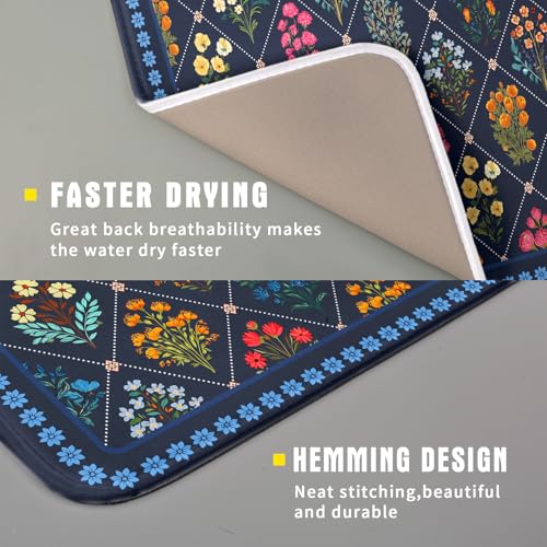 Lapis Blue Dish Drying Mat for Kitchen Counter Flowers Microfiber Absorbent Dish Draining Reusable Washable Small (Wildflowers Dark Blue / 18" x 16")
