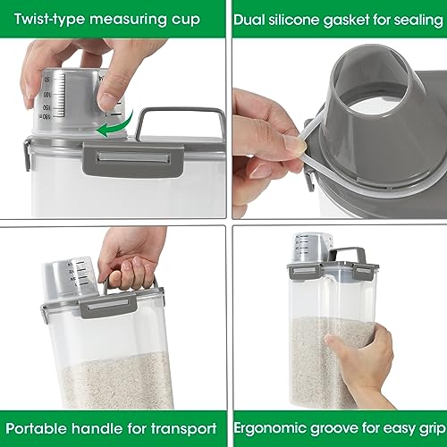 Rice Container Cereal Storage Container 2 Pack 5 Lbs (Grey 3+3Qt)