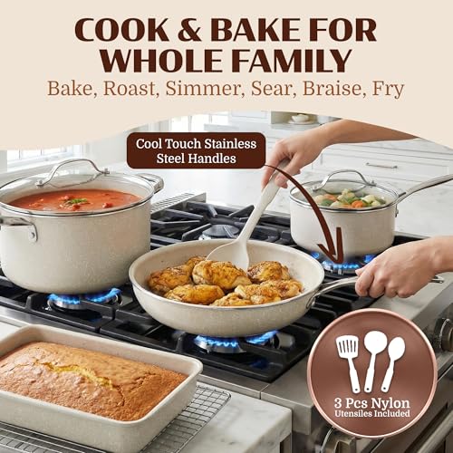 Ceraluxe 20Pc Pots and Pans Set Non Stick Ceramic Cookware Set (Cream)