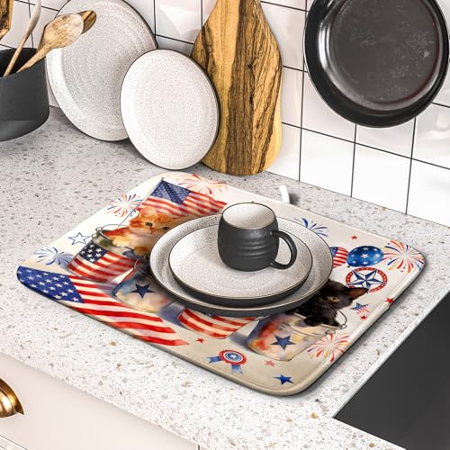 Happy 4th of July Patriotic Dish Drying Mat 16 x 18 In Independence Day Vintage Kitchen Drying Mat (Patriotic Cat White / 18" x 16")