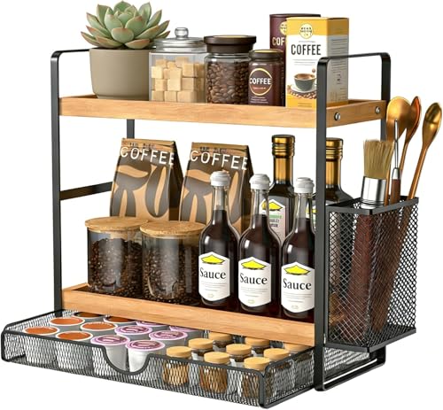 2 Tier Spice Rack Organizer for Countertop with Drawer and Basket