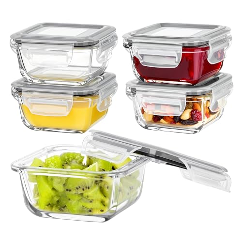 5Pack 5oz Small Glass Storage Containers Set With Lids (Grey / 5oz)