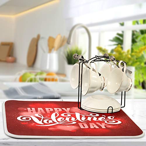 Happy Valentine's Day Bling Light Red Hearts Dish Drying Mat for Kitchen Counter Absorbent Microfiber Large Drying Pad Dish mats for Kitchen Countertops 18 x 24 Inch (Hearts Holiday / 18" x 24")