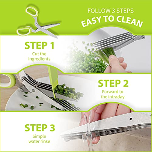 Herb Scissors with 5 Blades & Cleaning Kit (Green and White)