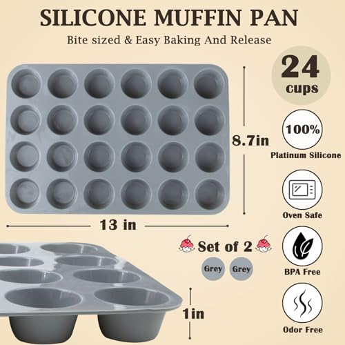 24 Cups Silicone Mini Muffin Pan Set (Set of 2--24 Cups (Gray+Gray))