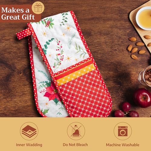 Double Oven Mitts 100% Cotton Double Oven Glove (117 - Poinsettia Christmas / 7" x 35" (Double Oven Mitt))
