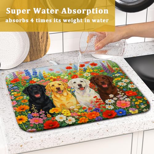 Flower Dog Dish Drying Mat Spring Floral Microfiber Absorbent Dish Drying Pad for Kitchen Counter (Flower Dog Colorful / 18" x 16")