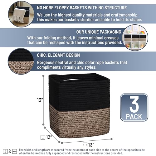 13 Inch Cube Storage Bins Cotton Rope Woven Baskets for Organizing 3 (Black & Mixed Black / 13 x 13 x 13 (Standard))