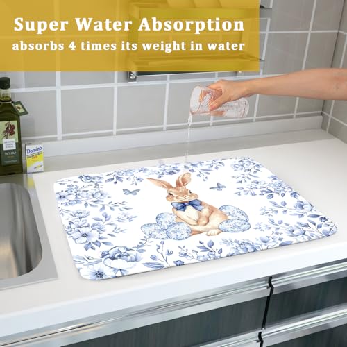 Easter Large Dish Drying Mat Blue Flower Rabbit Holiday Decorative Kitchen Countertop Mats 18x24 (Vintage Easter Blue / 24" x 18")