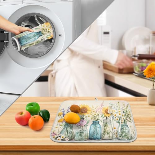 Spring Summer Floral Jars Flowers Dish Drying Mat for Kitchen Counter Absorbent Microfiber Small Drying Pad Dish Mats for Kitchen Countertops 16 x 18 Inch (18" x 16")