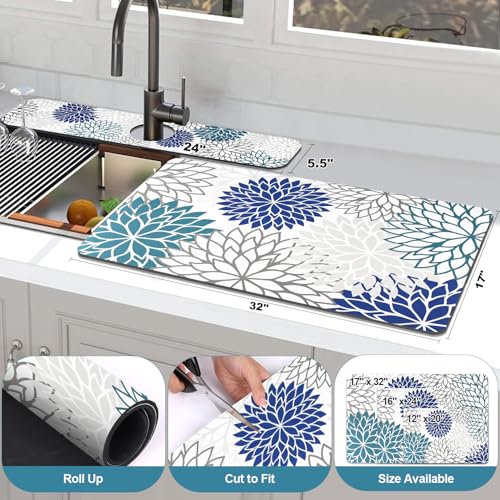 2Pcs Dish Drying Mat & Sink Splash Guard (Blue / 17" X 32" + 24" X 5.5")