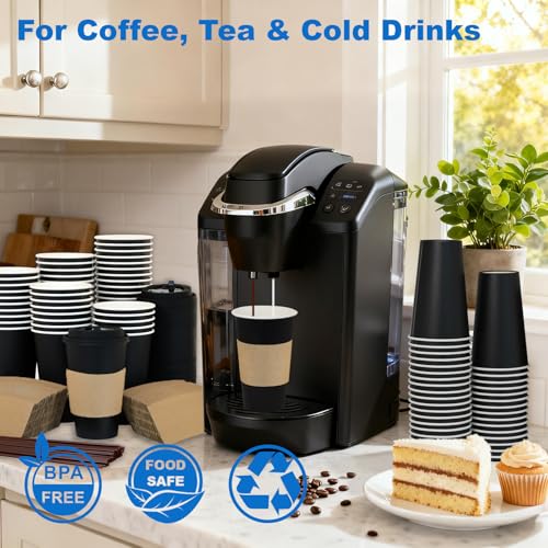 16 oz 100 Pack Coffee Cups with Lids and Sleeves (Black-100packs / 16 oz)