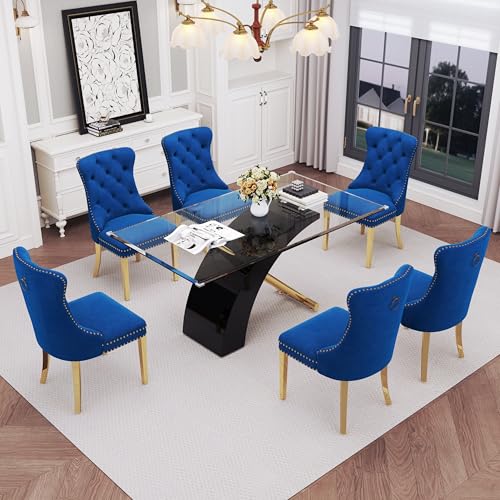 7 Piece Glass Dining Table Set for 6 (Black Table & Gold Blue Chair / 7-Piece Set-X-Shaped Table)