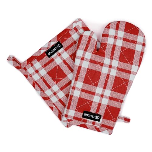 Oven Mitts and Pot Holders Set (Oven Glove + Pot Holder / Franca Red Checks)