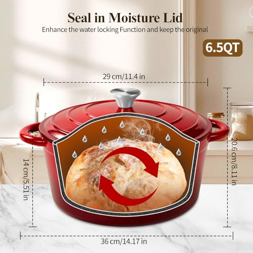 Enameled Cast Iron Dutch Oven pot 6.5 QT with Lid for Bread Baking (Cherry Red)