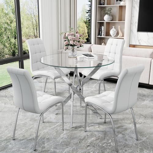 5 Piece Round Glass Dining Table Set (Silver Round Table/White Pu Chairs / 5 Pieces)