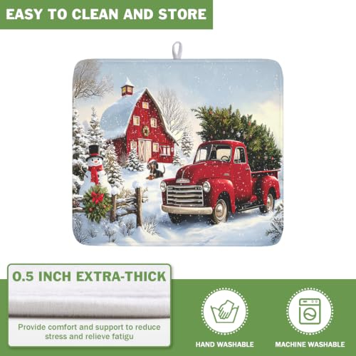 Red Truck Dish Drying Mat Winter Xmas Tree Drainer Rack Pad 16"x18" Microfiber Absorbent Quick Dry Dish Sink Mat for Table Kitchen Counter (Red Truck Snowman / 16x18 inch)