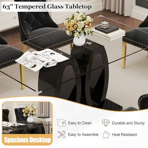 63" Glass Dining Table Set for 6 (Black Table & Gold Black Chair / 7-Piece Set-Double O-Shaped Table)