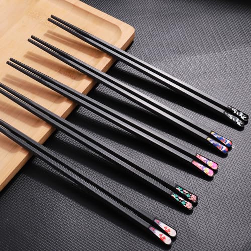 5 Pairs Premium Chopsticks Reusable Dishwasher Safe 9.5 Inch Fiberglass Chop Sticks Gift Set Hexagon Black Non Slip with the Printed Tops (Black with Printed Tops)