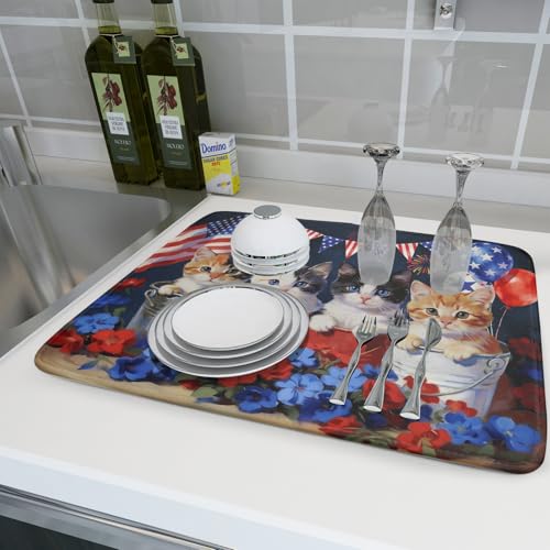 4th of July Drying Mat for Kitchen Counter 18 X 24 in Patriotic Printed Dish Drying Pad (Patriotic Cat Blue / 24" x 18")