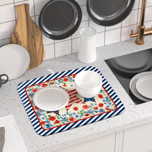 Patriotic Dish Drying Mat for Kitchen Counter Small（American Flag） (Patriotic Stars Blue / 18" x 16")